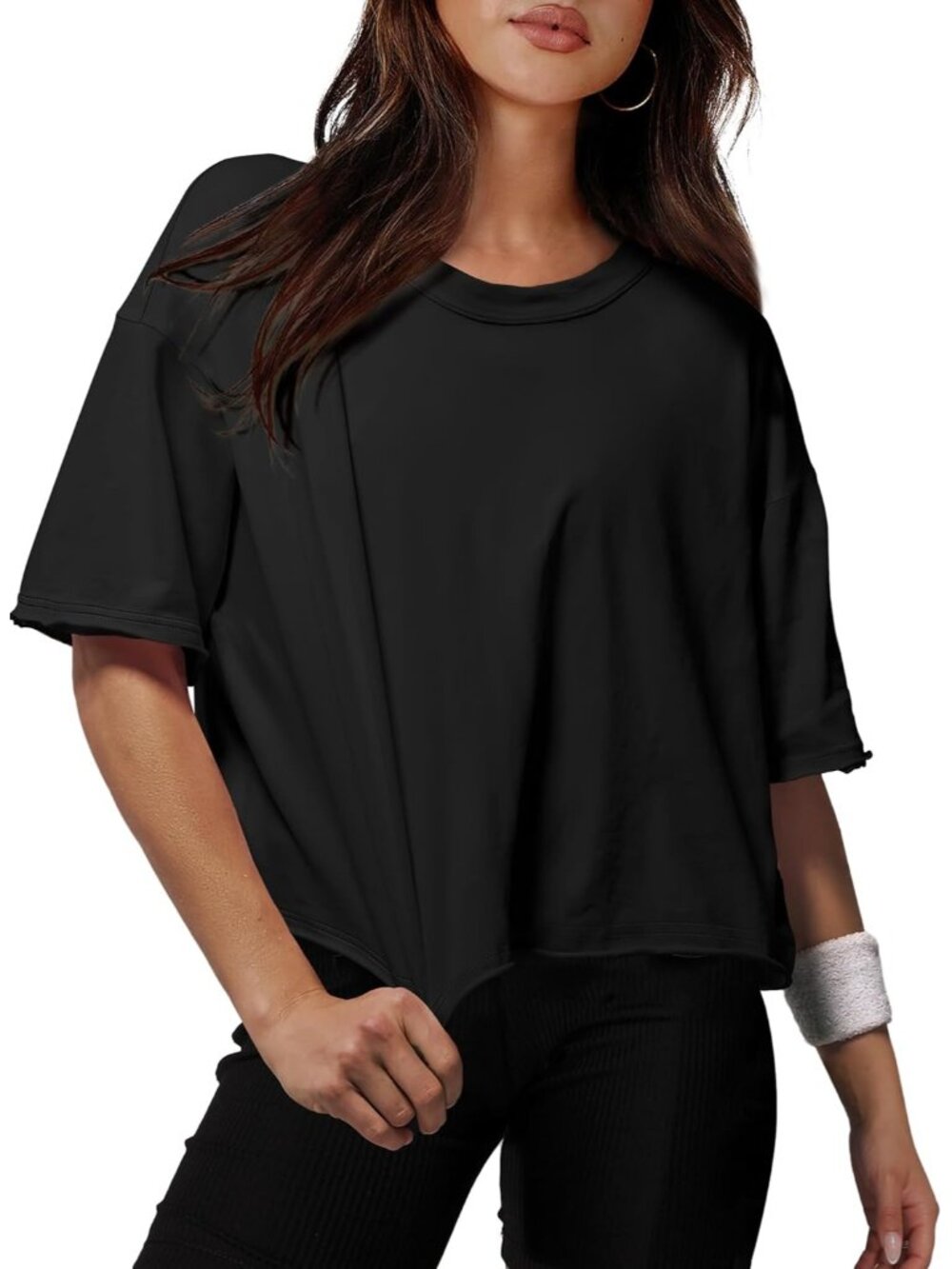 Women's Black Crew Neck Casual Crop Tops Short Sleeve Pull On Basic Tees Shirts